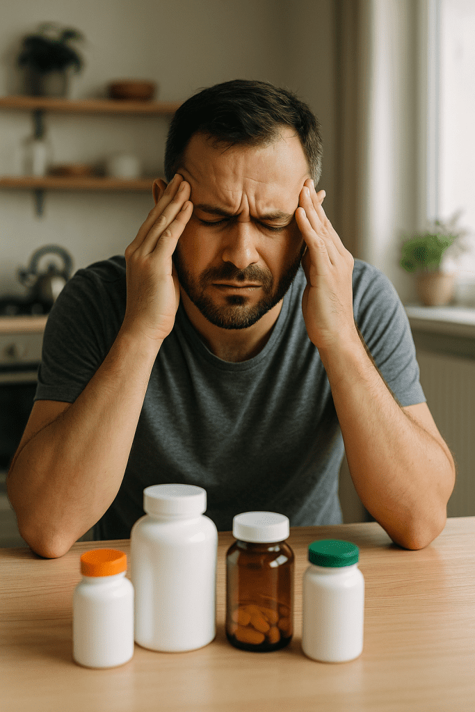 Man with headache beside supplement bottles
