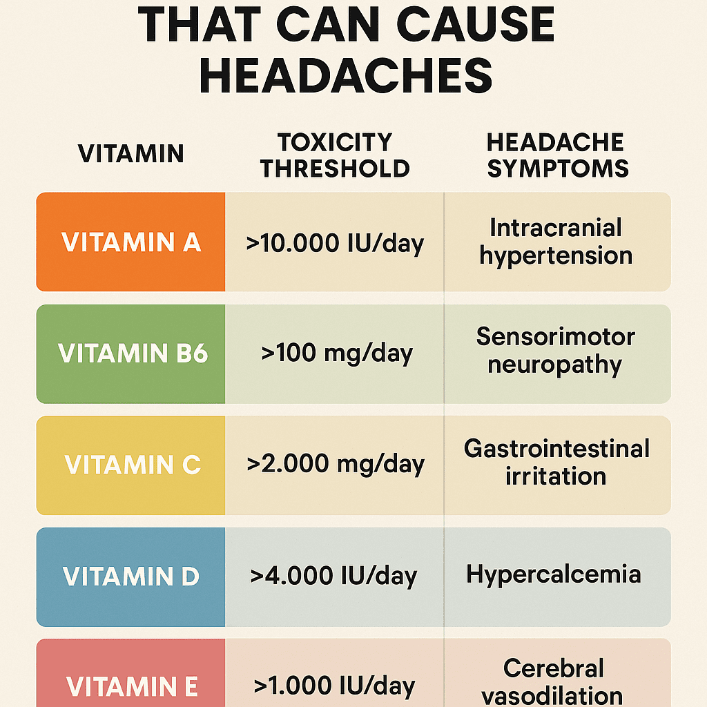 Chart of vitamins and headache risks due to toxicity