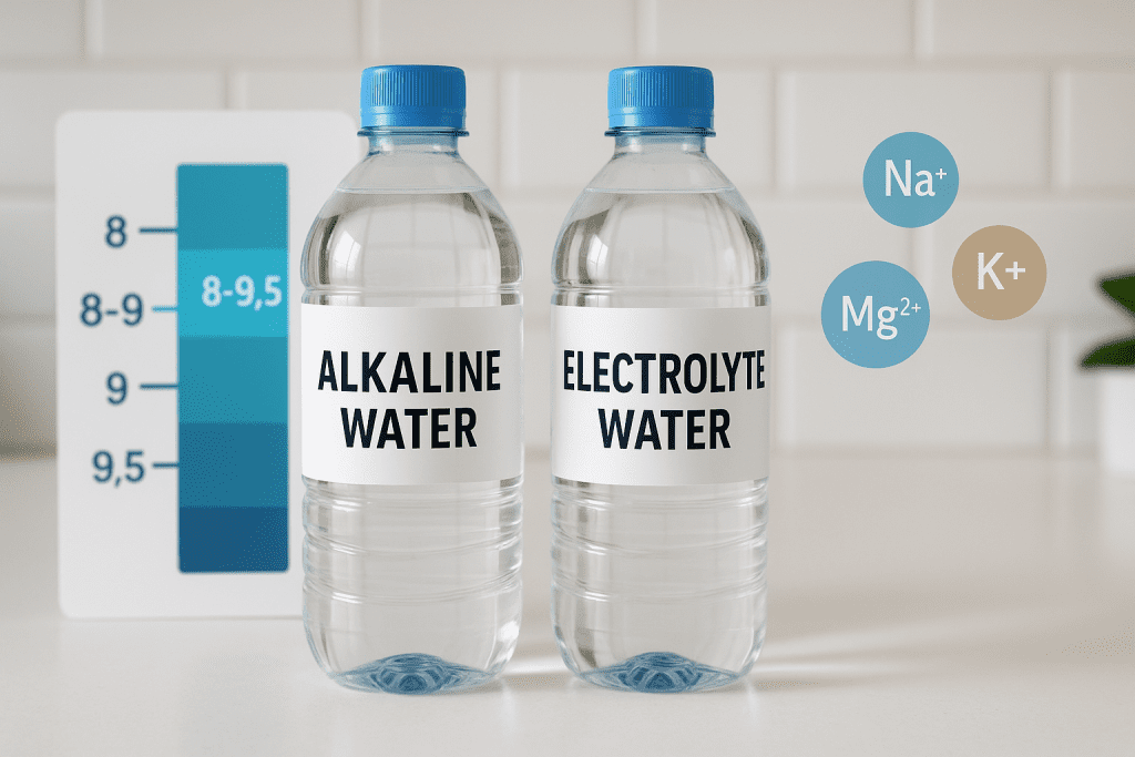 Comparison of alkaline and electrolyte water bottles with mineral and pH highlights