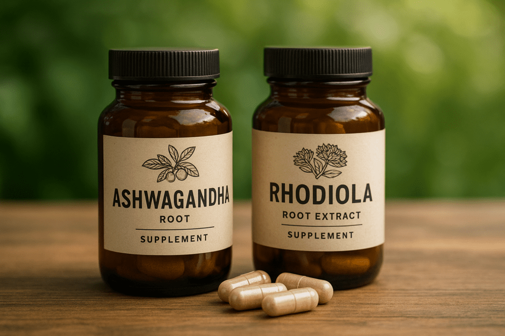 Adaptogenic supplements for lowering cortisol on a wooden table