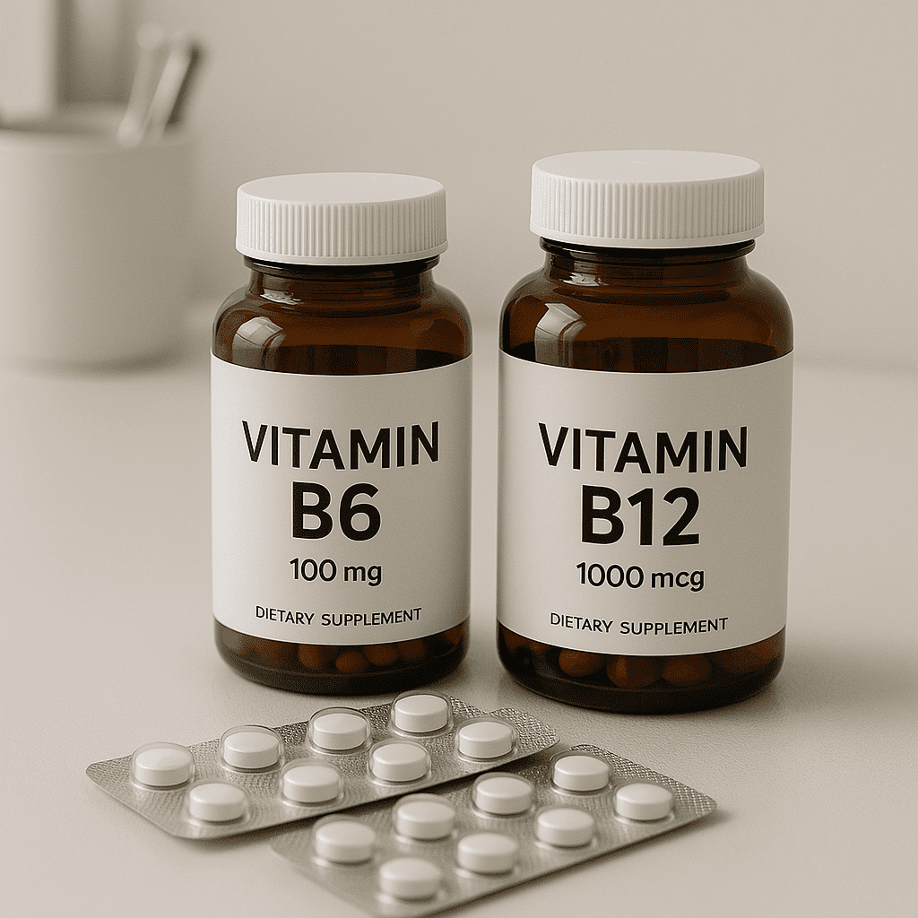 A spread of vitamin B6 and vitamin B12 supplement bottles alongside antidepressant pills, illustrating potential combinations.