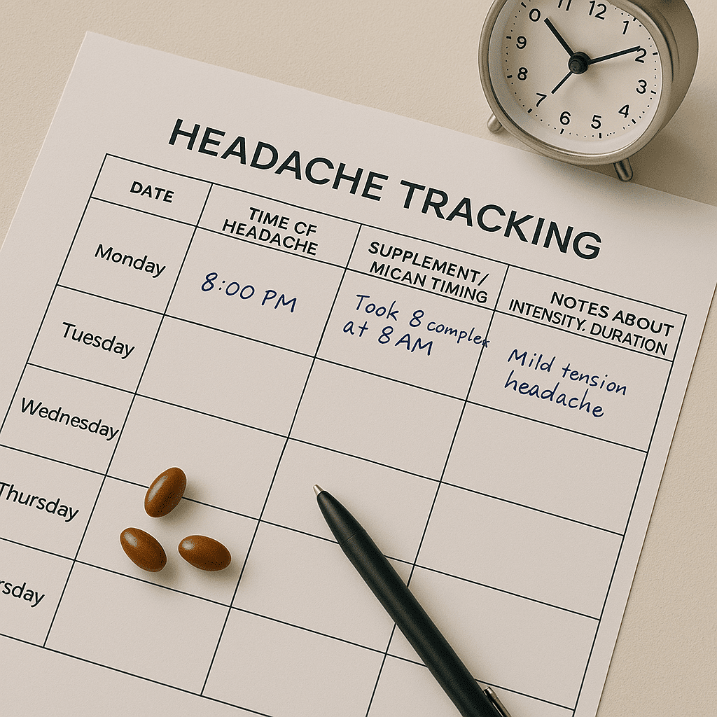 A simplified chart or diary layout showing days of the week, times, and intensity of headaches, representing the importance of monitoring symptoms