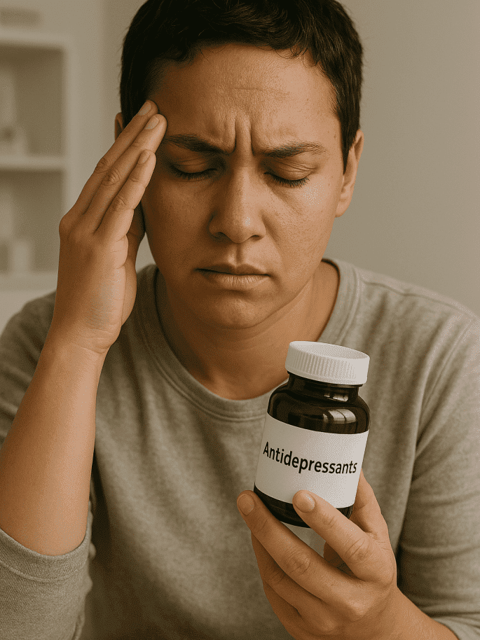 a person holding their forehead to indicate discomfort, symbolizing headaches possibly linked to vitamin B and antidepressant use