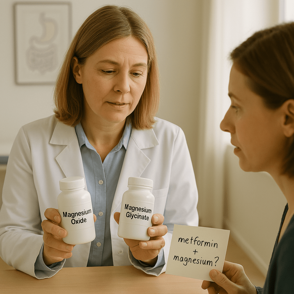 Doctor explaining different types of magnesium to a patient taking metformin, helping manage diarrhea risk — supports article on magnesium and metformin side effects on UsefulVitamins.com