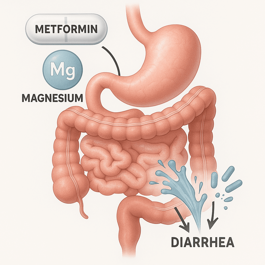 the human digestive tract showing metformin and magnesium entering the stomach and intestines