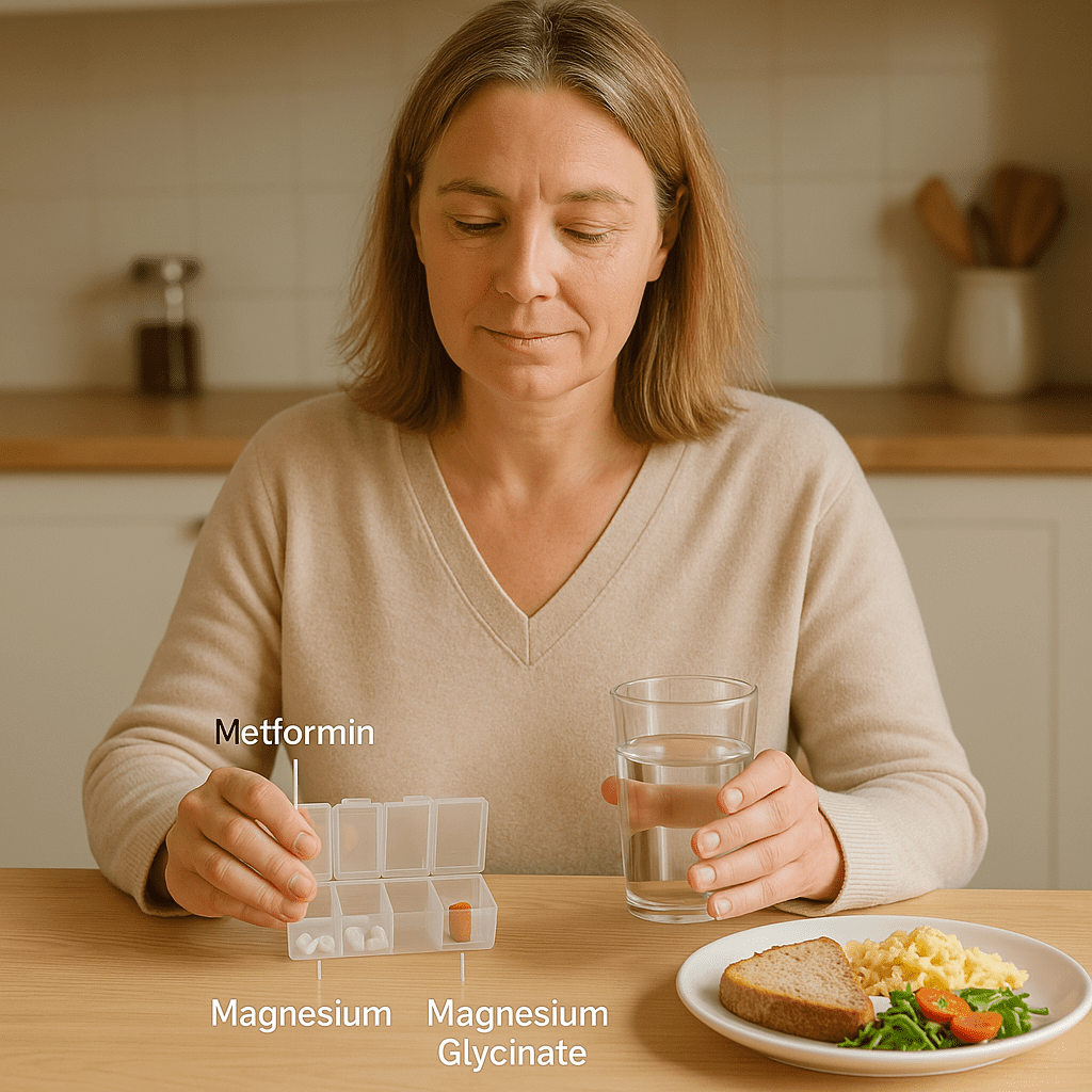 Woman managing supplement timing with metformin and magnesium to reduce gastrointestinal side effects like diarrhea — relates to magnesium-metformin interaction article on UsefulVitamins.com.