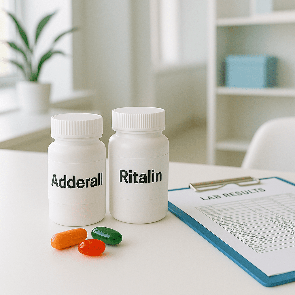 A close-up shot of two prescription bottles labeled for ADHD treatment next to assorted vitamins and lab results