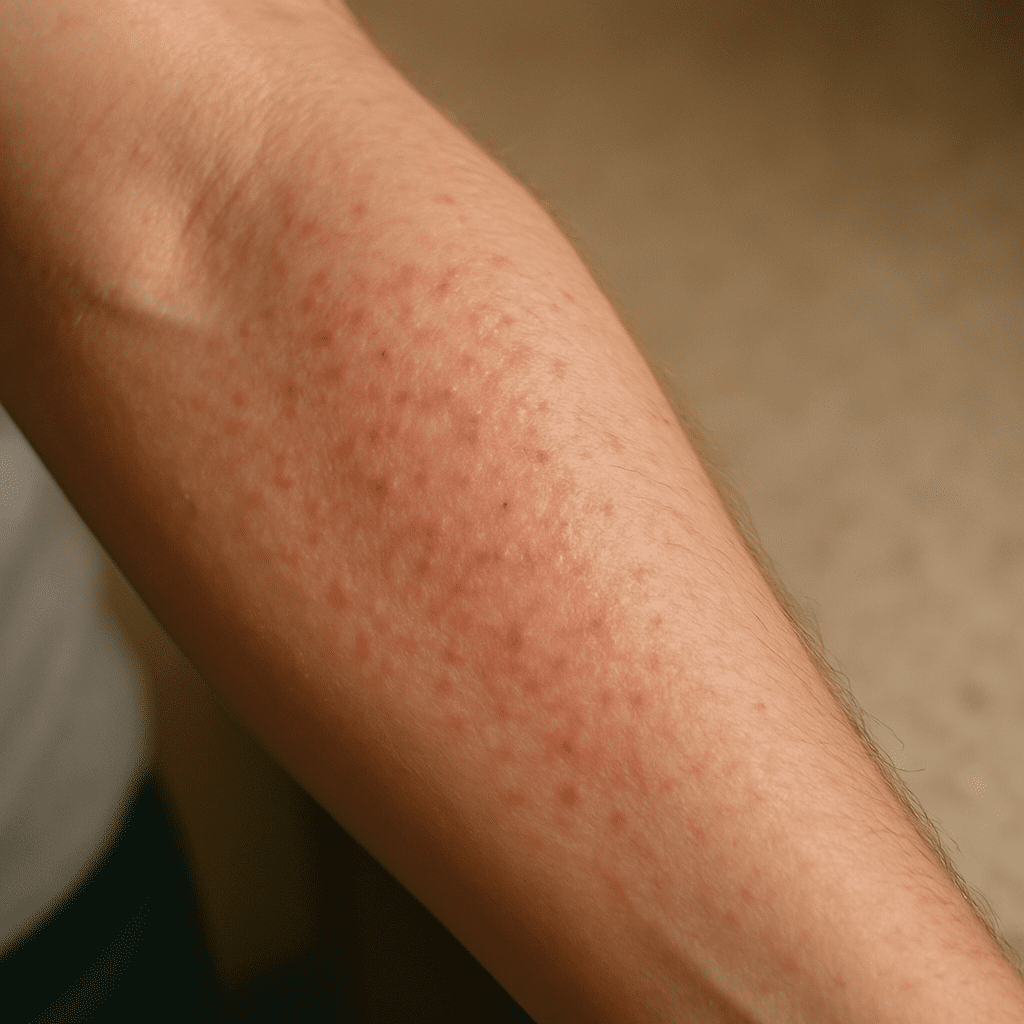 A close-up view of a forearm showing subtle redness and small bumps from a mild chemotherapy-related rash, under soft indoor lighting.
