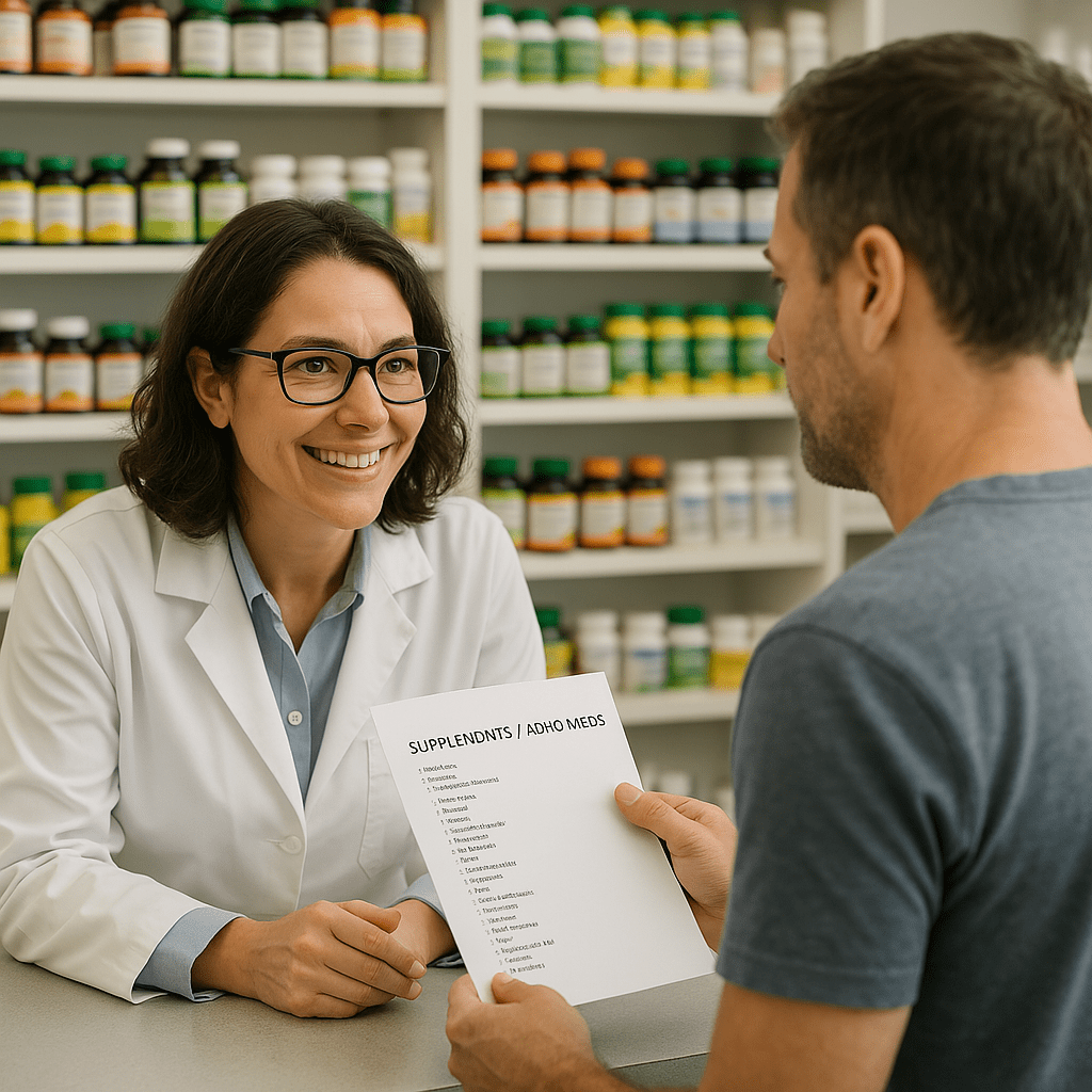 A pharmacist speaking to a patient about safe supplement use with ADHD prescriptions, surrounded by various vitamin bottles.