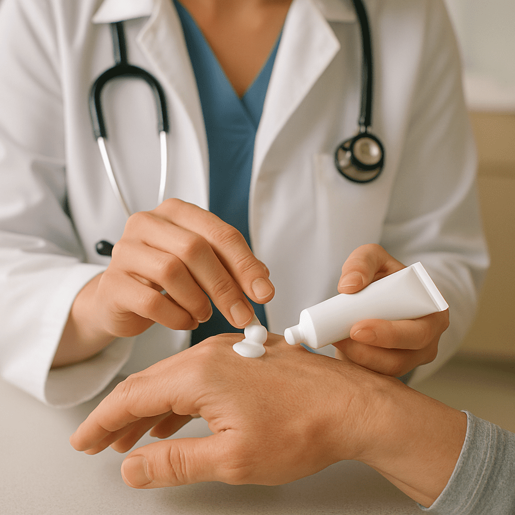 A healthcare professional in a white lab coat gently applies topical cream to a patient's hand in a clinical setting, demonstrating compassionate care.