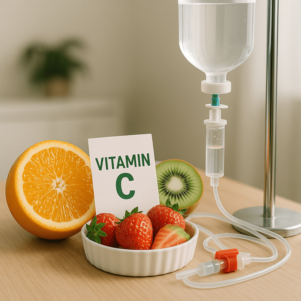 A medical scene featuring sliced orange, strawberries, and kiwi next to an IV therapy drip, symbolizing the connection between natural vitamin C and clinical treatments.