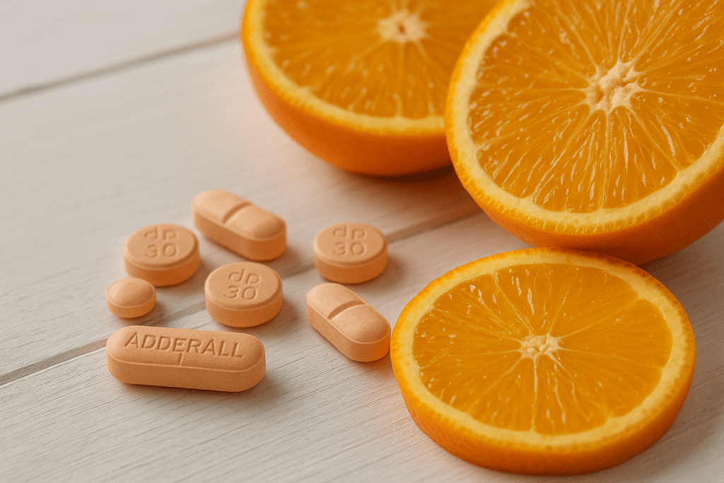 Adderall pills placed next to oranges on a white table