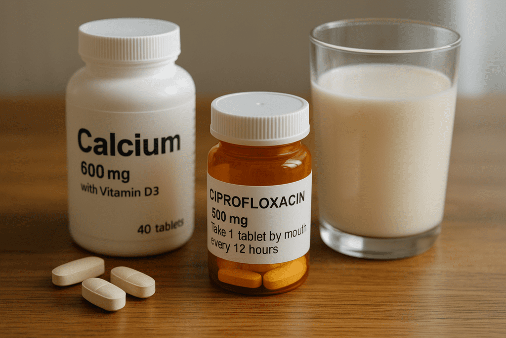 Calcium supplements, ciprofloxacin, and milk on table showing interaction risk