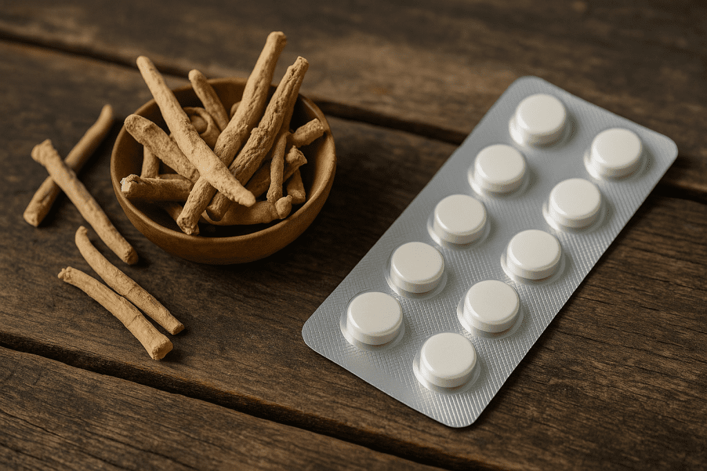 Ashwagandha root and sedative pills on wooden table