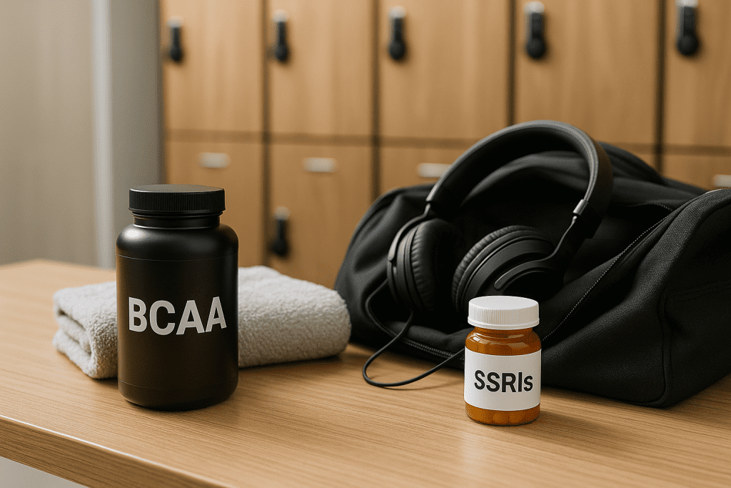 BCAA supplement and SSRI bottle in gym bag locker room
