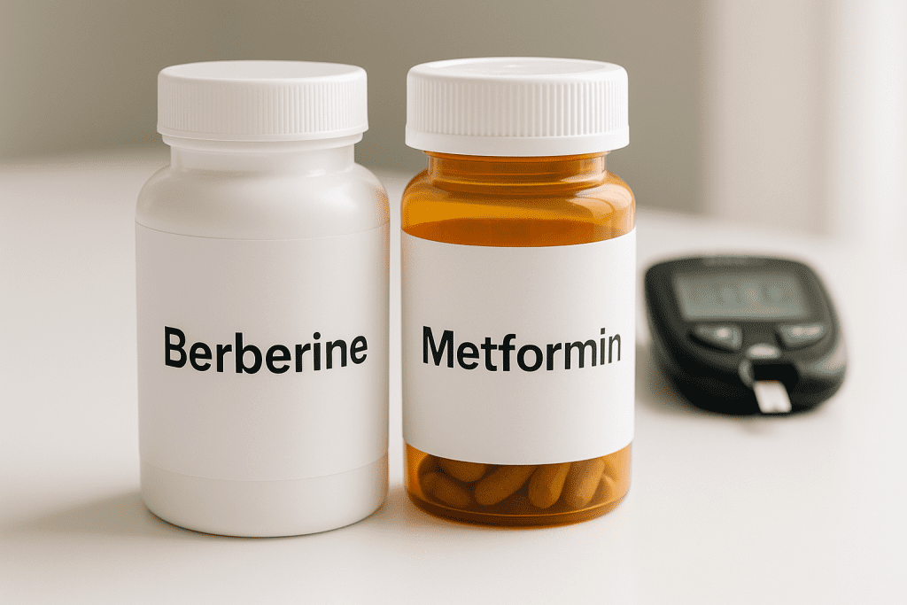 Berberine and metformin bottles side by side showing natural supplement synergy