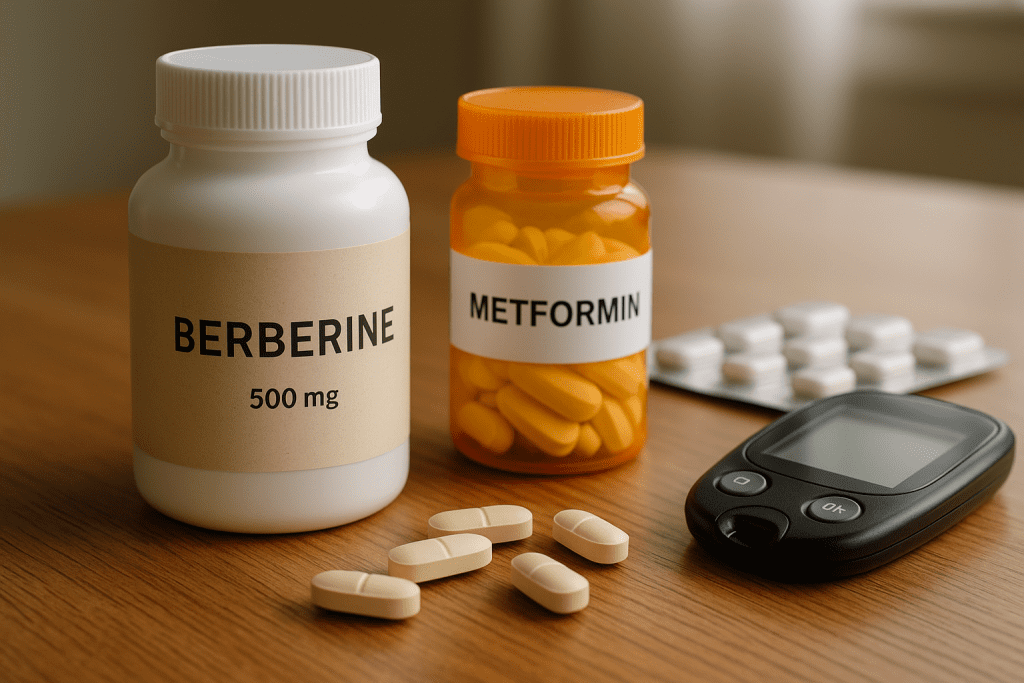 Berberine supplement and diabetes medication on table with glucose meter