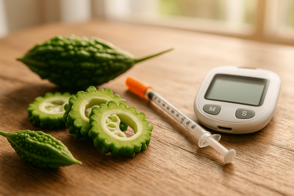 Bitter melon and insulin syringe showing risk of hypoglycemia from supplement-drug mix