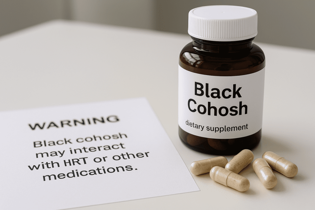 Black cohosh capsules and safety warning under medical lighting
