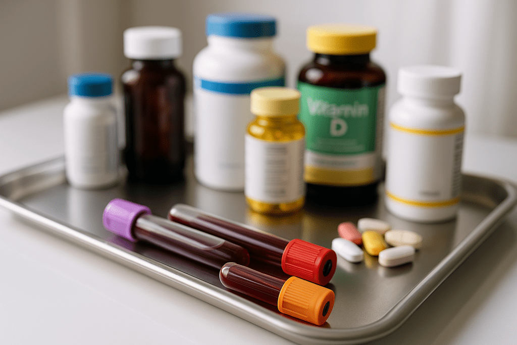 Blood test vials with biotin supplements and medication bottles