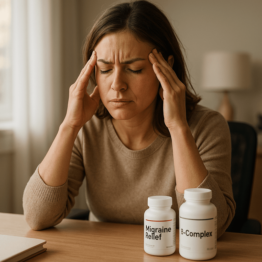 Woman with migraine pills and B vitamins looking foggy at desk