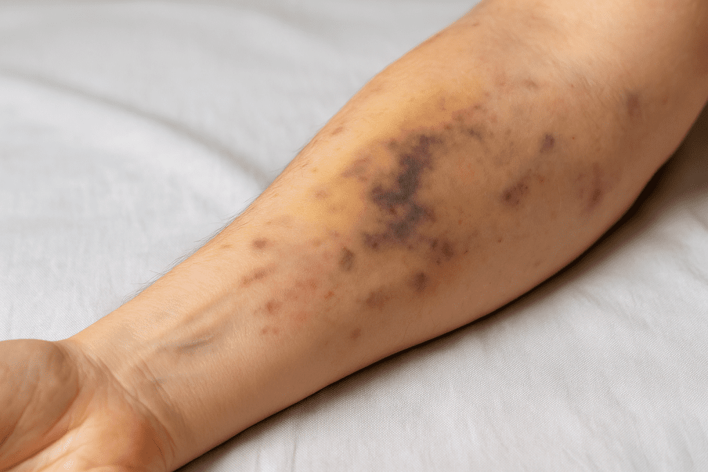 Forearm with bruises showing bleeding risk from vitamin E and anticoagulants