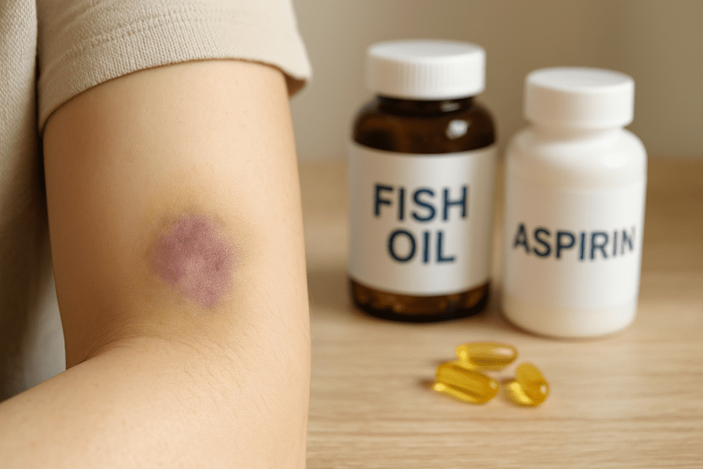 Minor forearm bruise near omega-3 and aspirin supplements