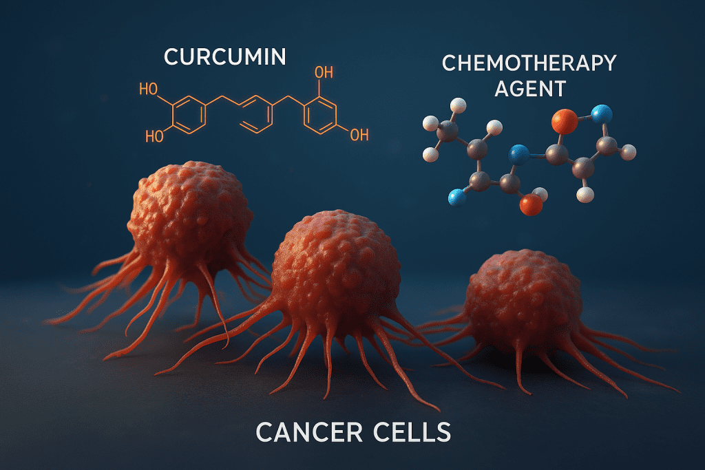 Cancer cells interacting with curcumin and chemotherapy drug molecules