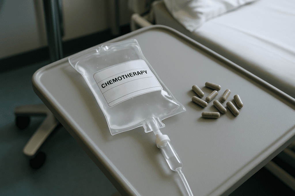 Chemotherapy IV and herbal capsules showing potential interaction risks