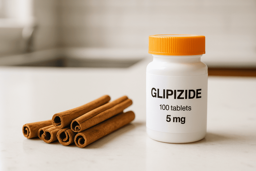 Cinnamon and glipizide on kitchen counter highlighting diabetes drug herbal risk