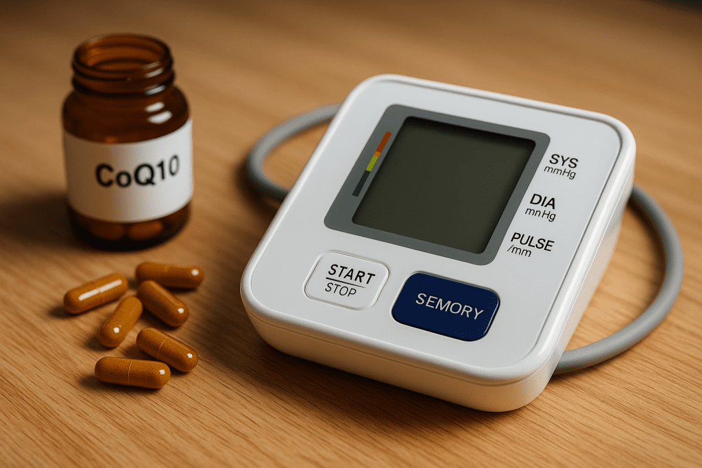 CoQ10 capsules beside blood pressure monitor on wooden surface