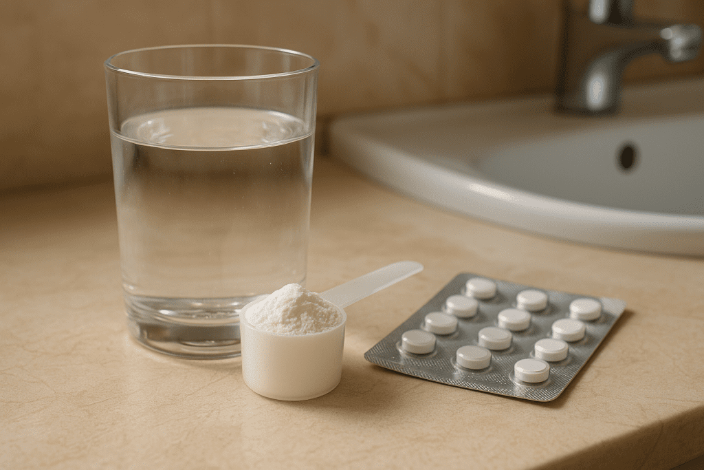 Creatine powder and SSRI pills together on clean counter