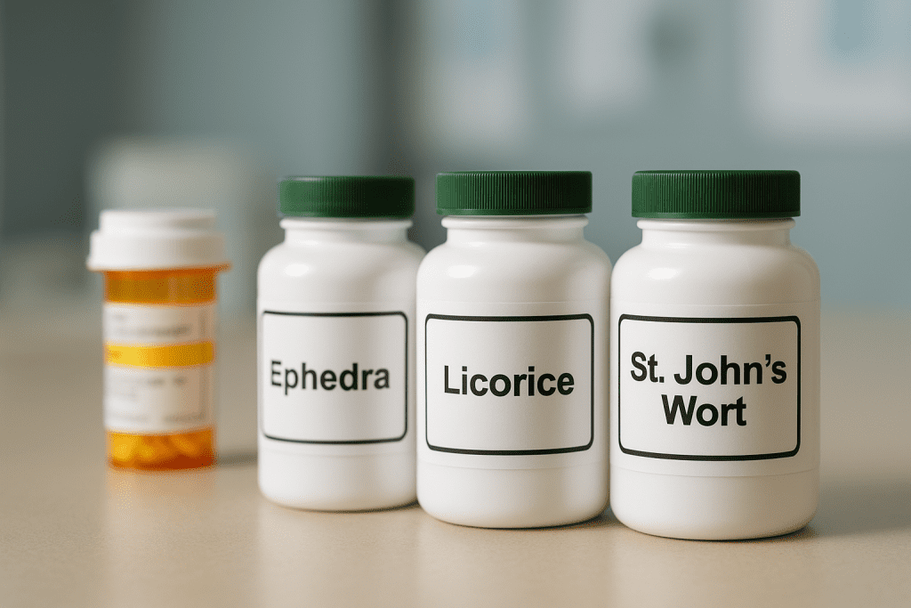 Supplements like ephedra and licorice next to heart meds on counter