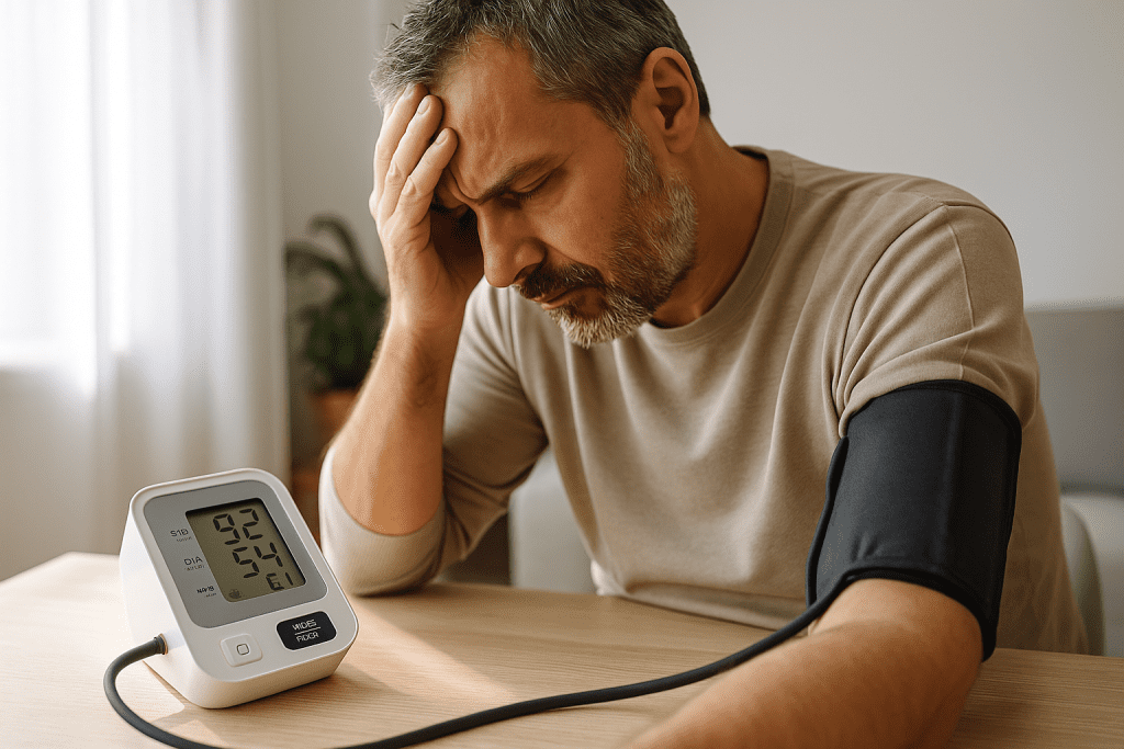 Person feeling dizzy with low blood pressure reading from monitor