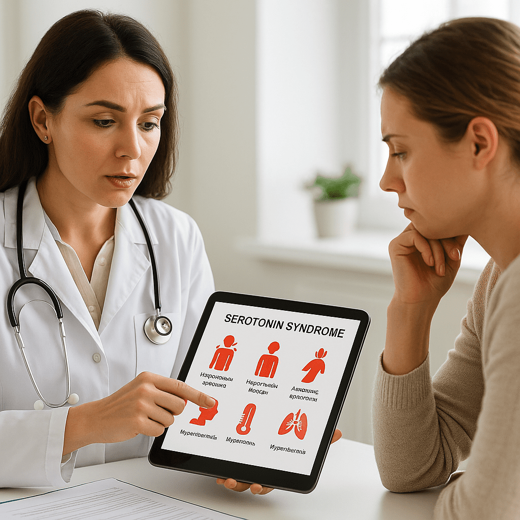 Doctor explaining serotonin syndrome symptoms to patient in medical office