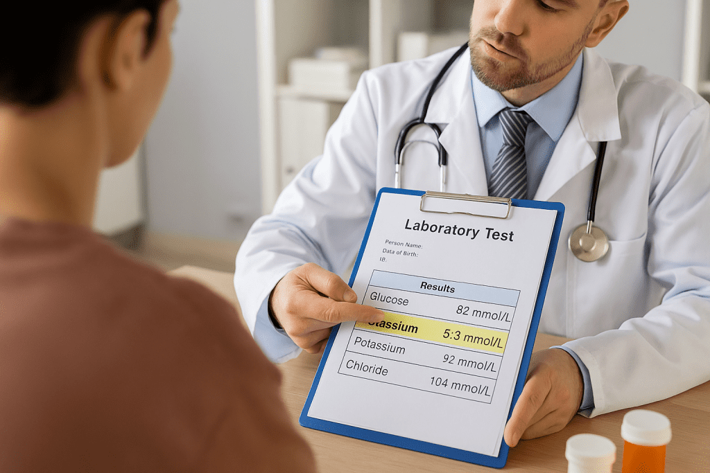 Doctor and patient reviewing blood potassium levels on a lab report