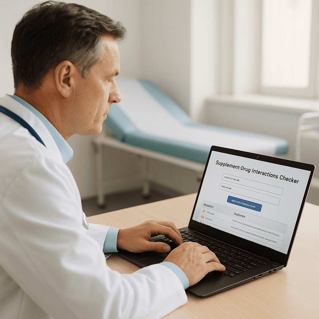 Oncologist using cancer supplement interaction checker on laptop