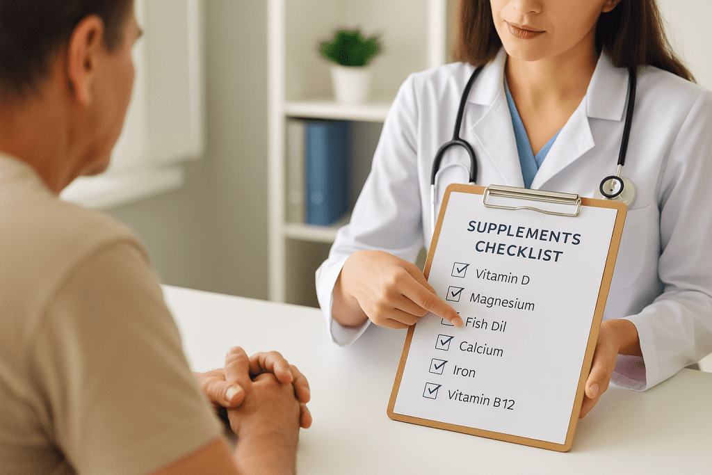 Doctor reviewing supplement use with patient to prevent vitamin E interaction