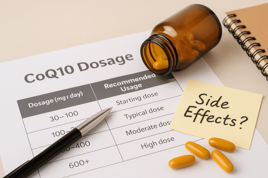 CoQ10 dosage chart with supplement bottle and pen