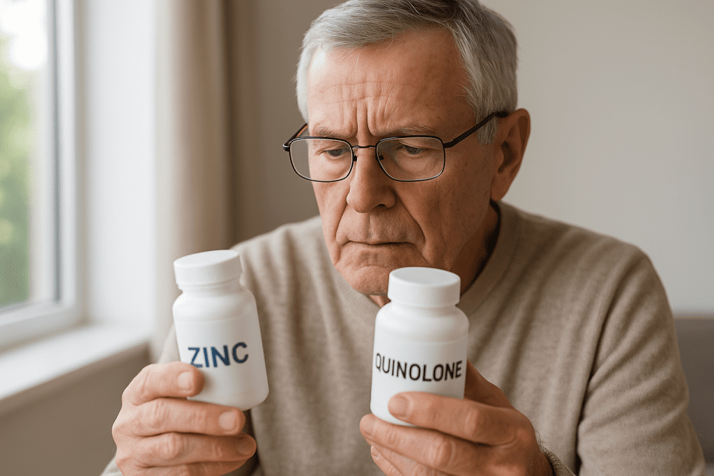Elderly man reading supplement and antibiotic labels for timing safety