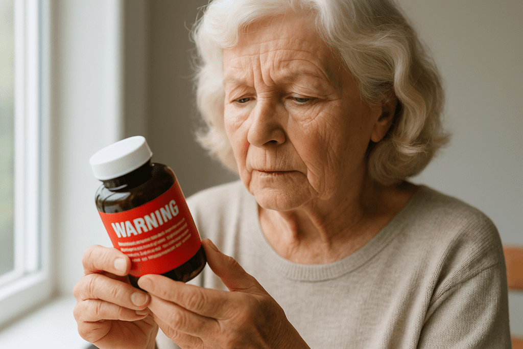 Elderly woman reading a ginkgo biloba supplement bottle with warning label