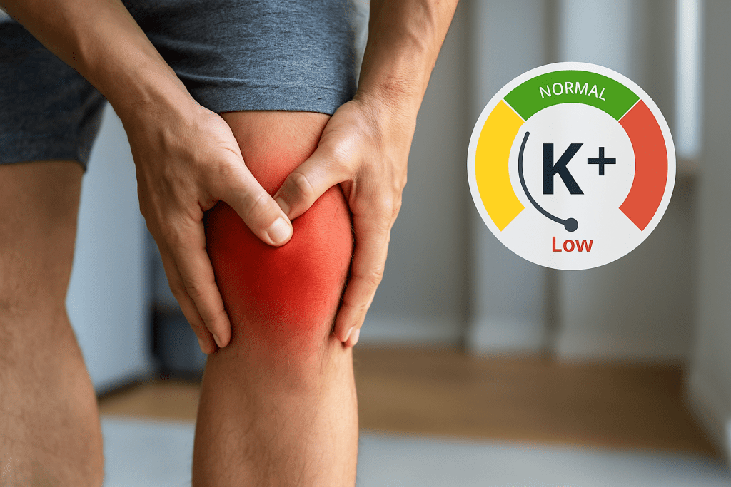 Person with muscle cramp and low potassium warning overlay