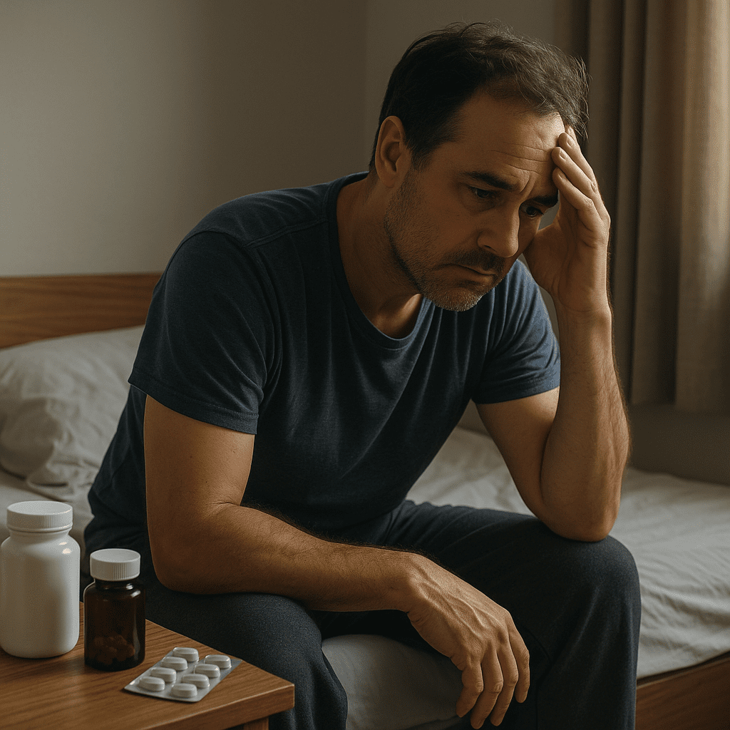 Man sitting on bed with saw palmetto and BP meds, concerned about ED