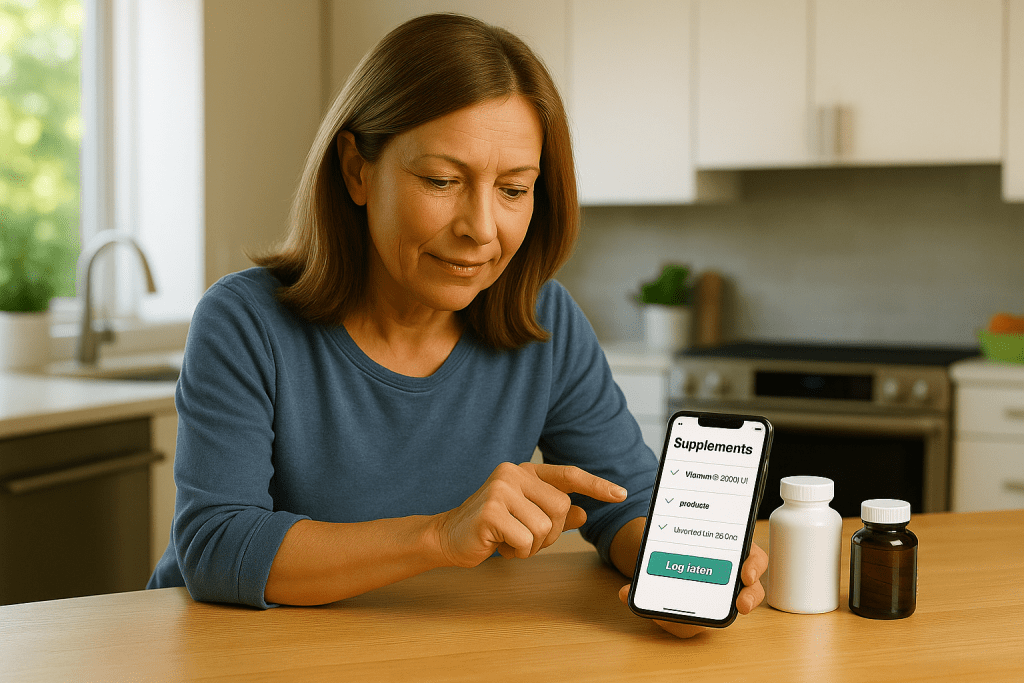 Woman testing best interaction tracker apps with supplements on table