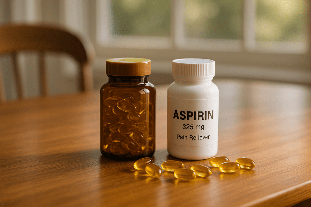 Fish oil capsules and aspirin bottle on table with natural light