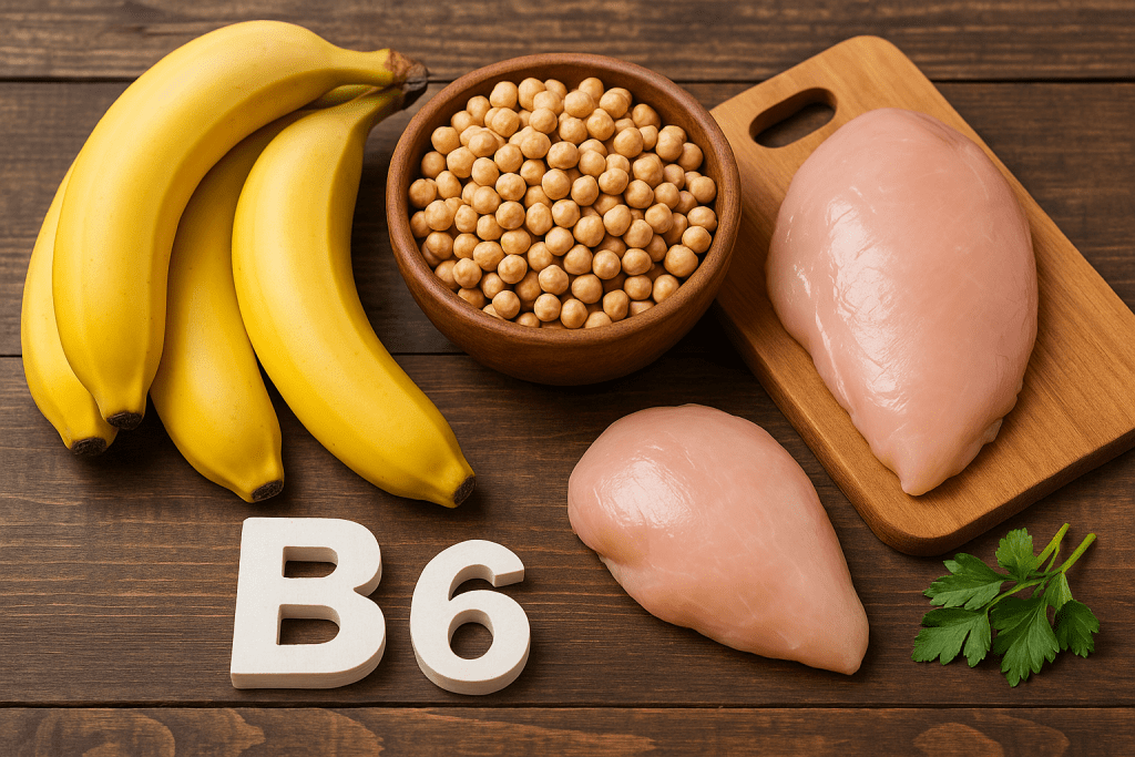 Vitamin B6-rich foods including bananas and chickpeas on wooden table