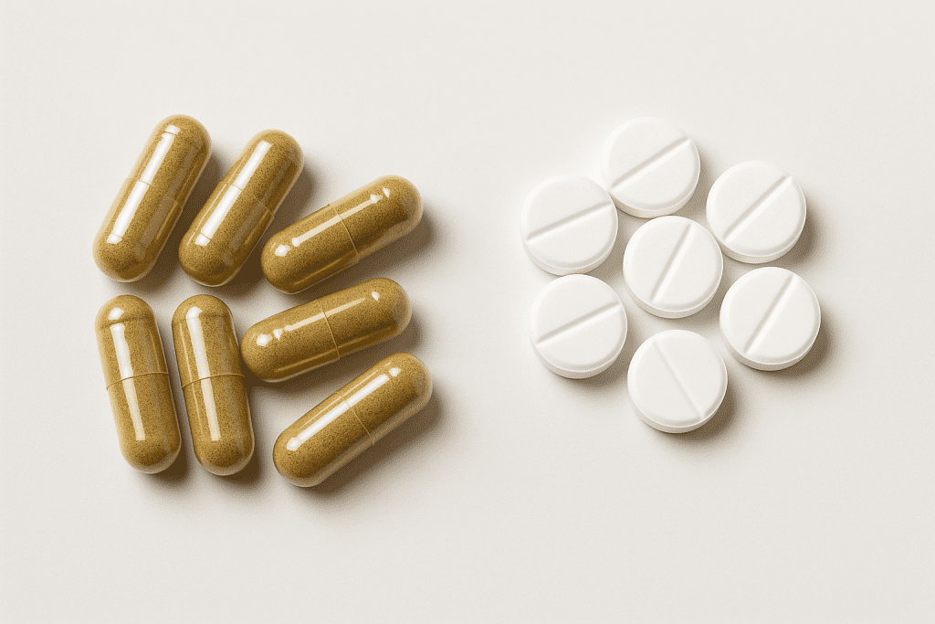 Ginkgo biloba capsules and aspirin pills shown together on white background