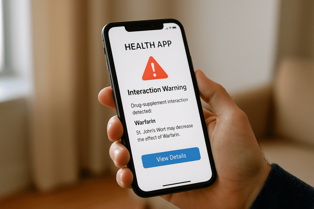 Person checking supplement interaction warning on health app backed by DrugBank API