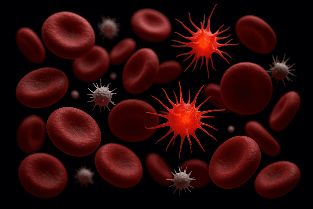 3D illustration of blood cells with platelets highlighted in red for antiplatelet effect