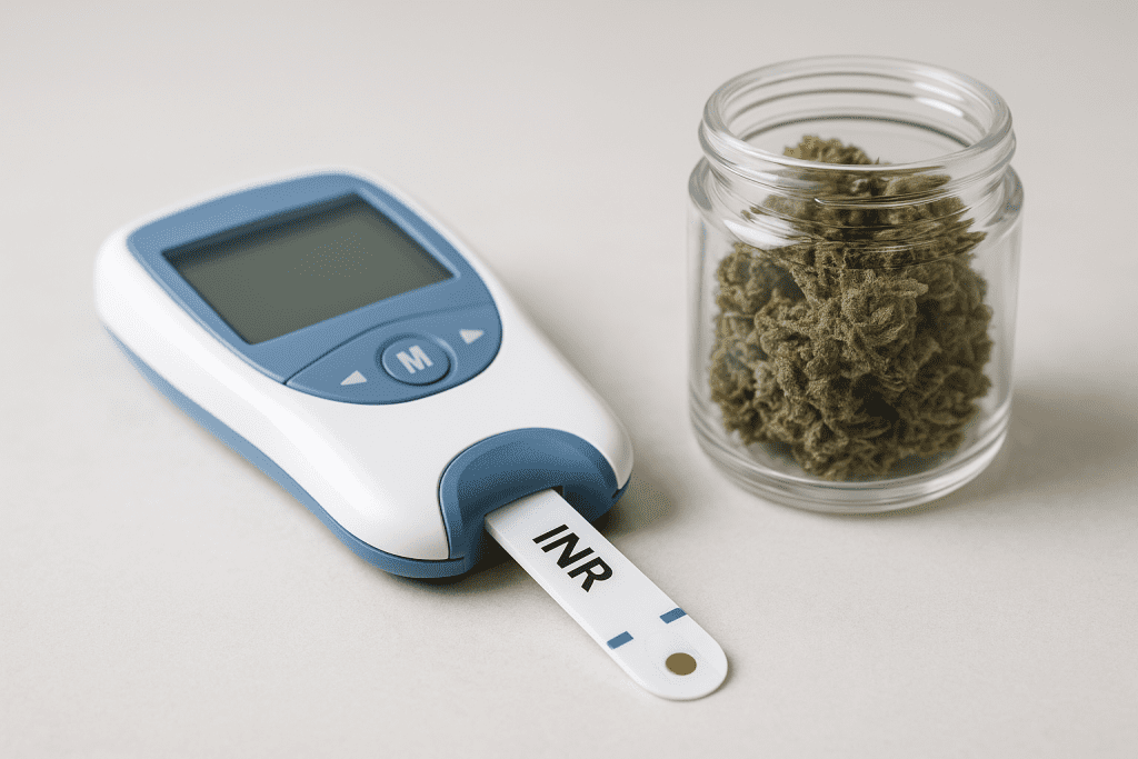 INR test kit next to medical cannabis container